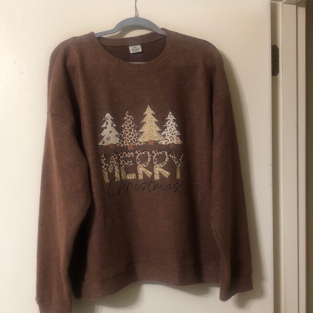 Shein Brown Crewneck Sweater With Gold & Cream Holiday Trees